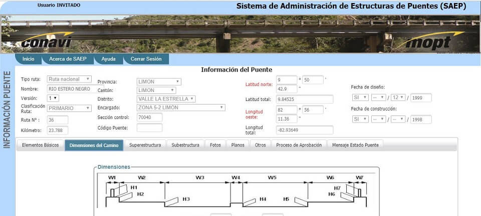 Imagen de la pantalla de levantamiento de inventario de un puente del sistema administrador de estructuras de puentes